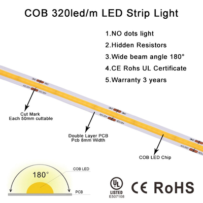Dải LED COB không thấm nước Không có chấm nối Cắt 12 24 Volt Trắng siêu sáng