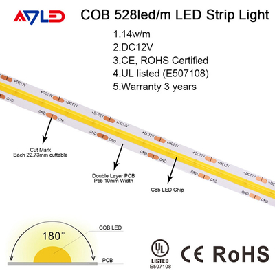 12V 24V không chấm COB LED Dải ánh sáng Chip linh hoạt trên bo mạch có thể thay đổi độ sáng 10mm